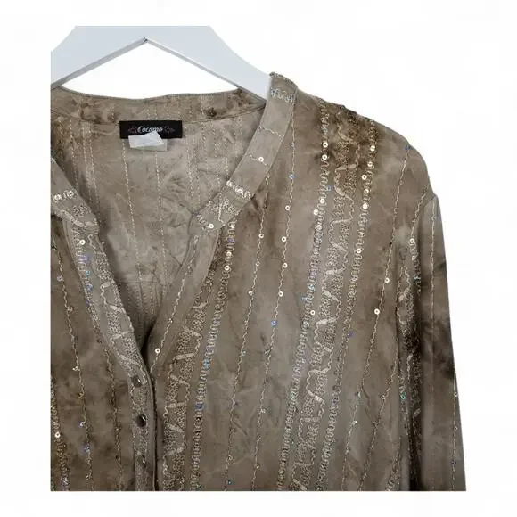 Cocomo V-neck Sequin Tan Tie-Dye Roll-Tab Sleeves Shirt - Size XL - Picture 2 of 6